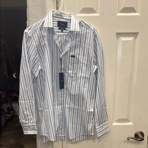 Faconnable Men's Blue and White Striped Dress Shirt